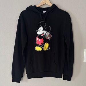 Disney Black Mickey Mouse Embroidered Flower Bouquet Pullover Hoodie Size M